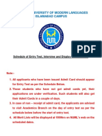 Schedule of Entry Test, Interview and Display of Merit Lists