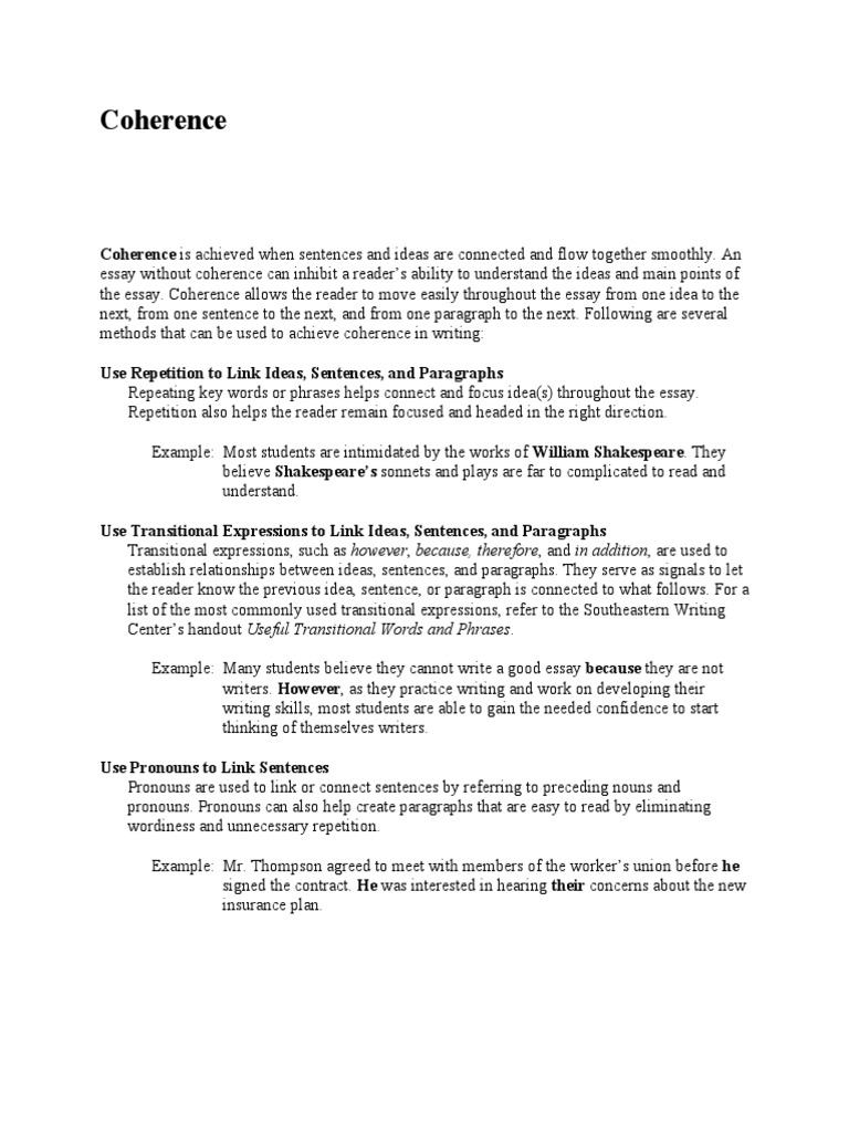 Coherence: Coherence Is Achieved When Sentences and Ideas Are Connected and  Flow Together Smoothly. An | PDF | Sentence (Linguistics) | Pronoun