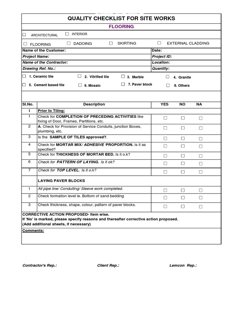 Quality Checklist For Site Works: Flooring | PDF