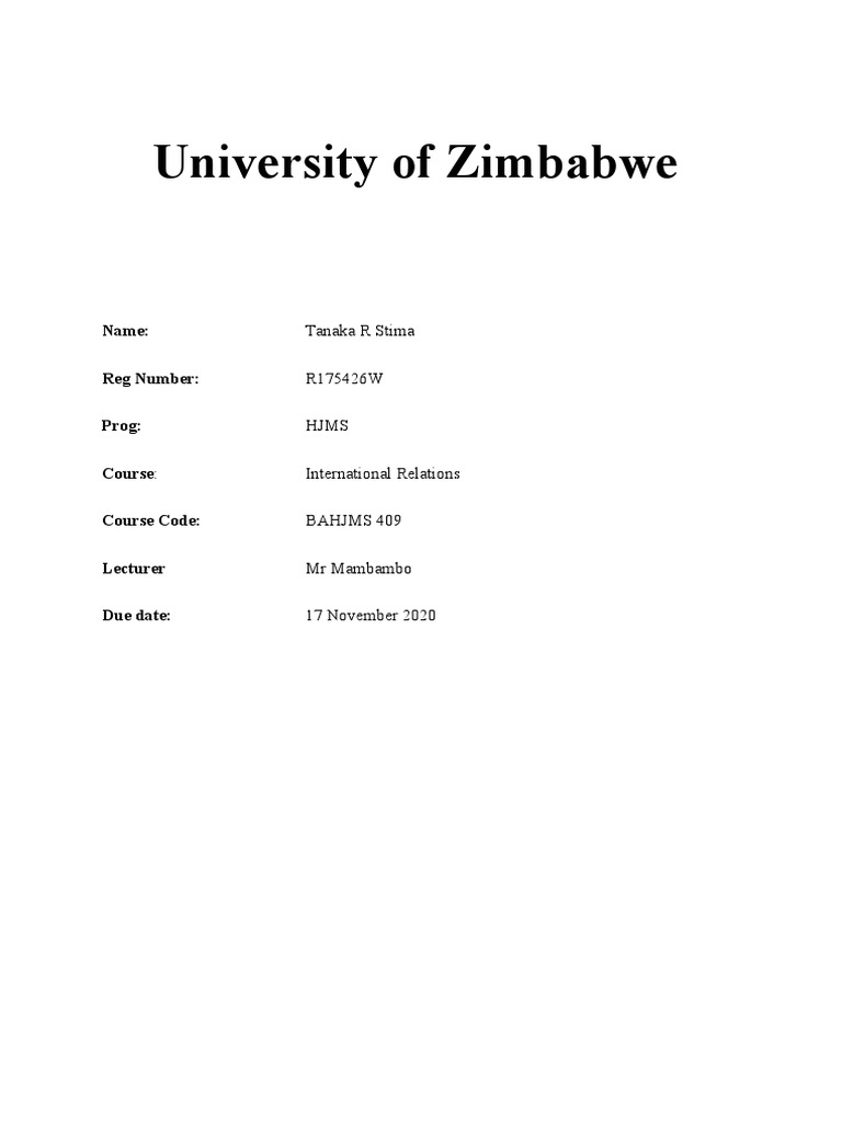 University of Zimbabwe: Name: Reg Number: Prog: Course: Course Code