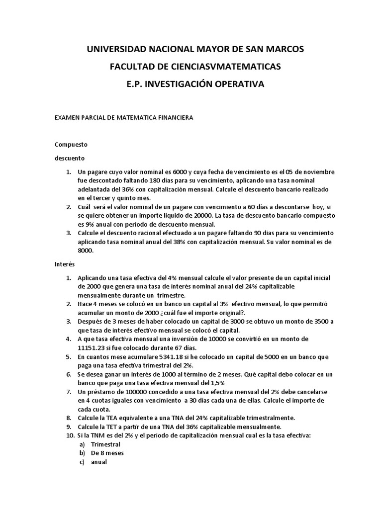 Examen Parcial de Matemática Financiera | PDF | Bancos | Finanzas ...