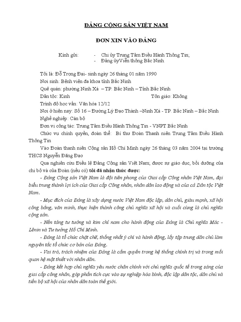 Đơn xin vào Đảng | PDF