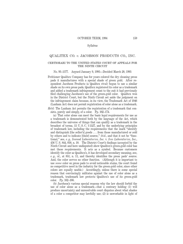 Qualitex v. Jacobson | PDF | Trademark | Lanham Act - Lanham Act Trademark Search