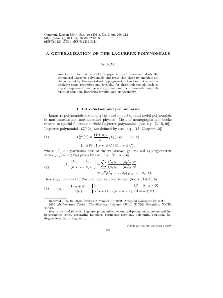 A Generalization Of The Laguerre Polynomials Pdf Equations