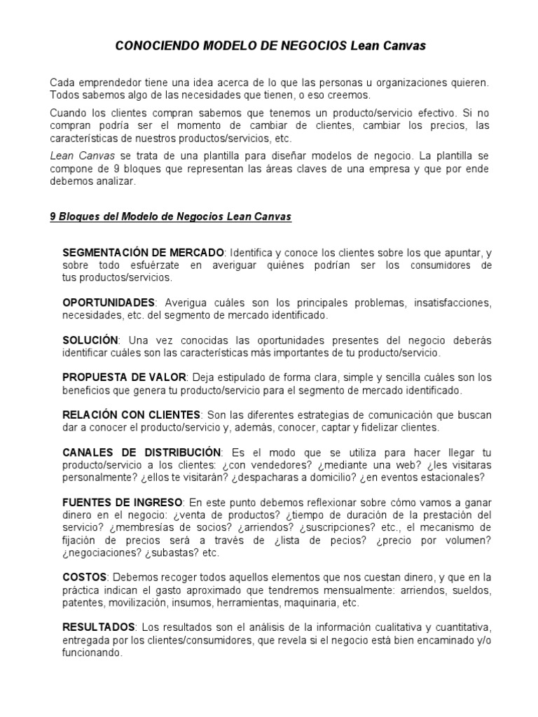 Conociendo Modelo de Negocios Lean Canvas | PDF | Producto (Negocio ...