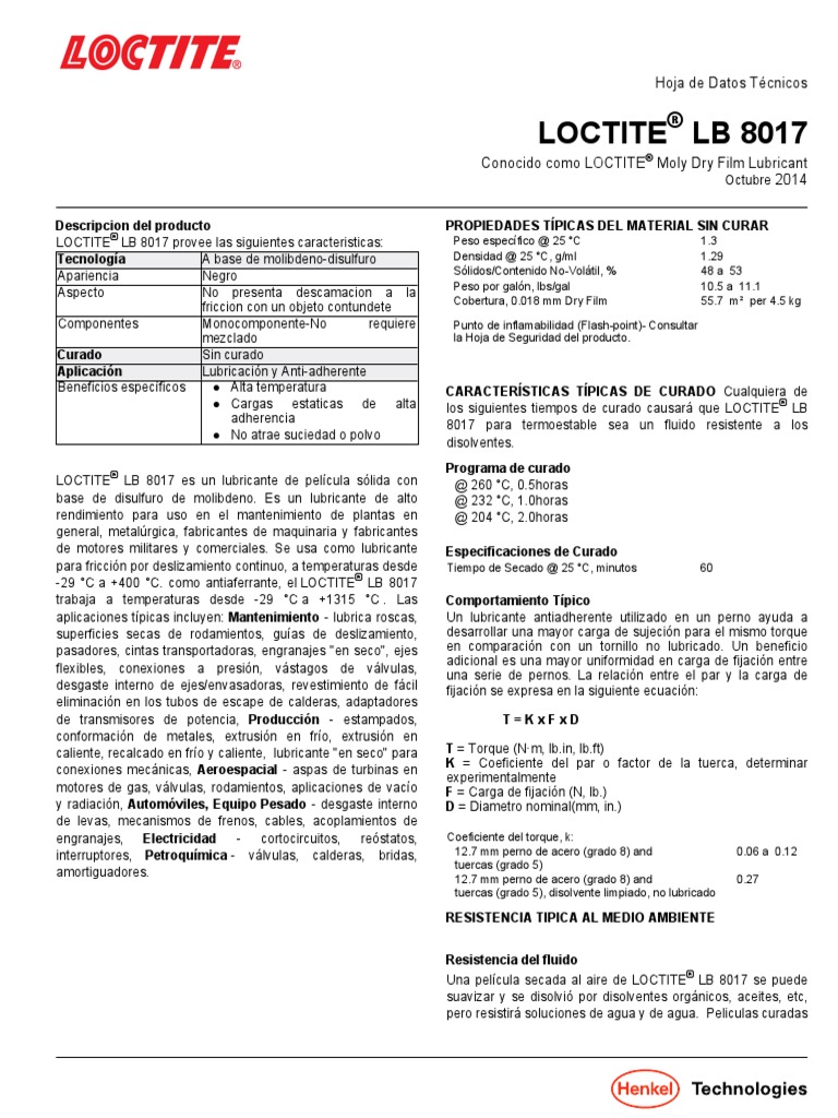 Tds LB 8017 Moly Dry Film Es PDF Engranaje Acero