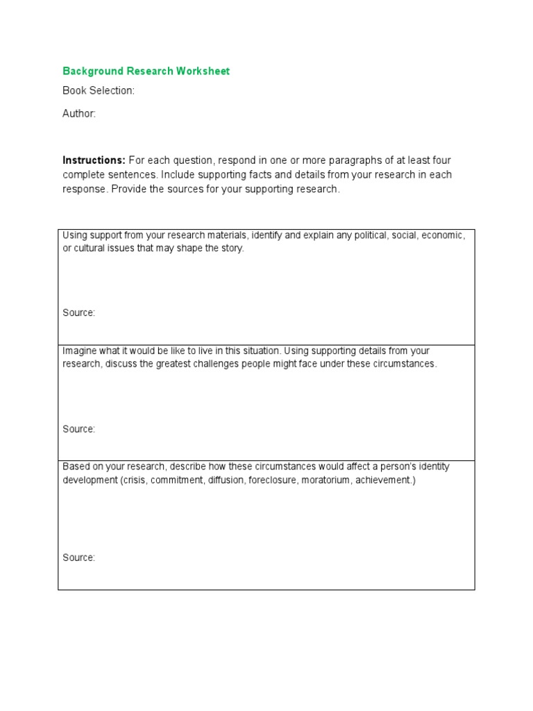 Background Research Worksheet PDF