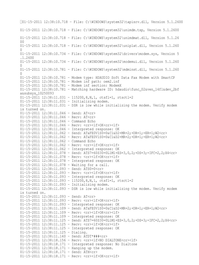HDAUDIO Soft Data Fax Modem Log | PDF | Modem | Electrical Engineering