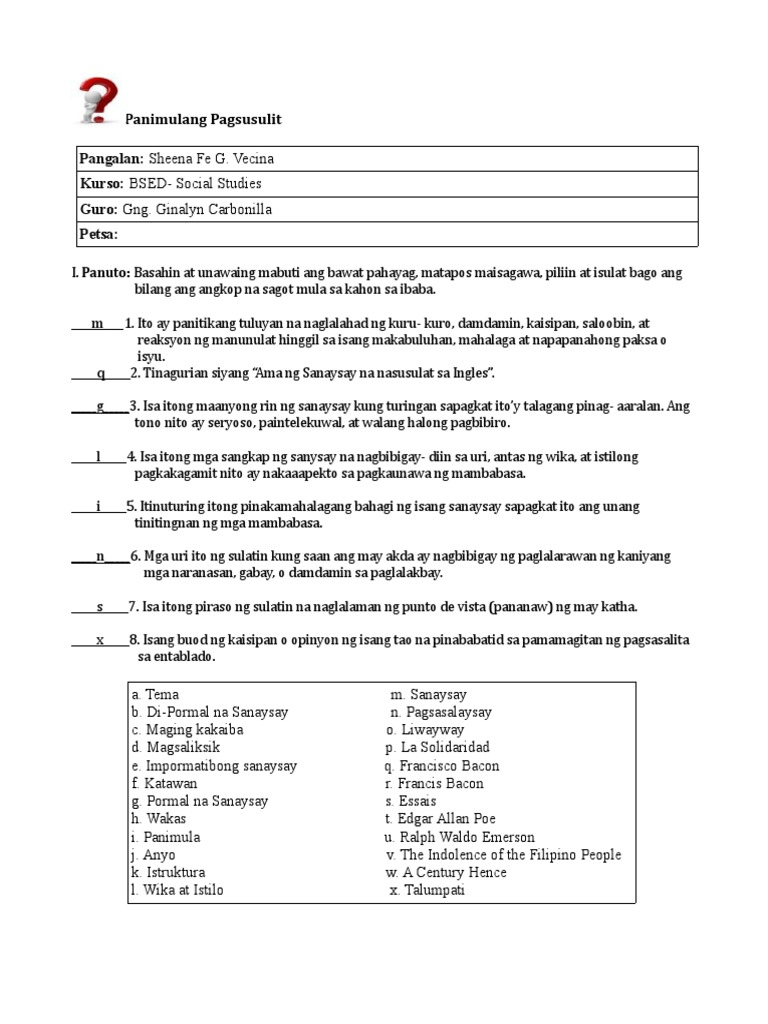 VecinaSheenaFe - PANIMULANG PAGSUSULIT | PDF