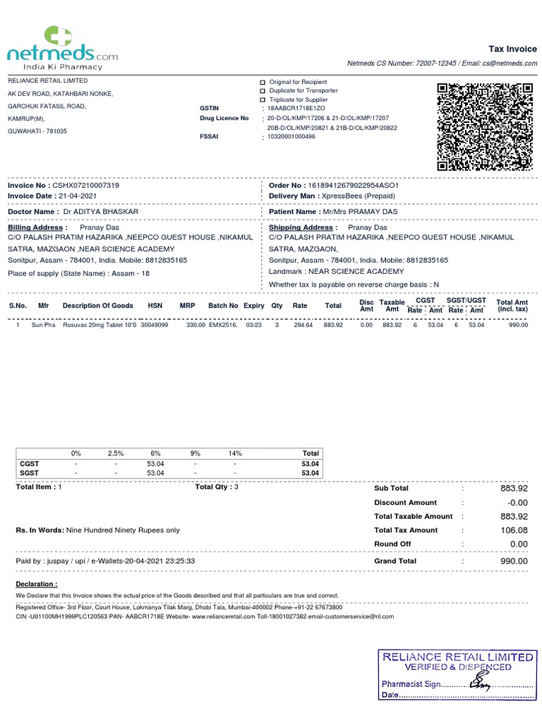 Pharmacy Invoice for Pramay Das | PDF | Policy | Economies