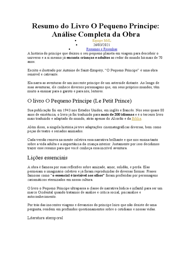 O Pequeno Príncipe: resumo completo da obra clássica | PDF | O Pequeno ...