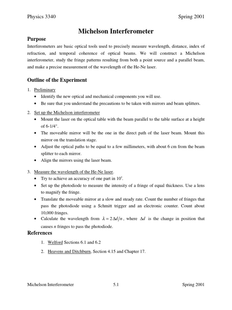 Michelson Interferometer Experiment Guide | PDF | Interferometry ...