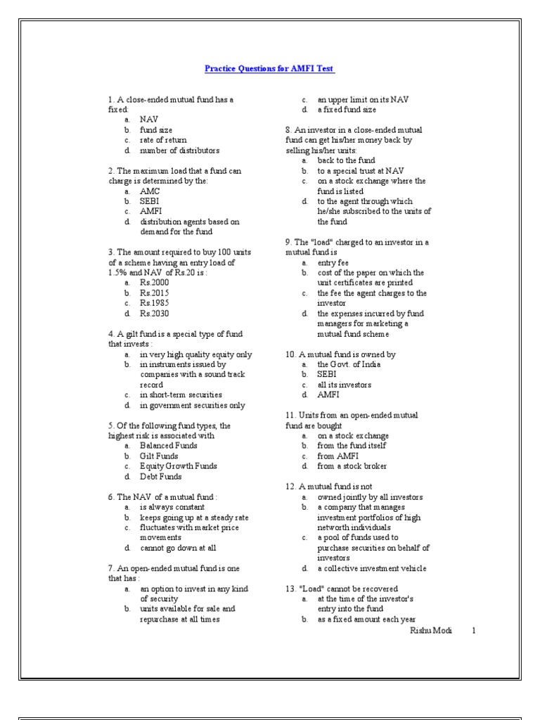 AMFI Test Practice Questions | PDF | Investment Fund | Bonds (Finance)