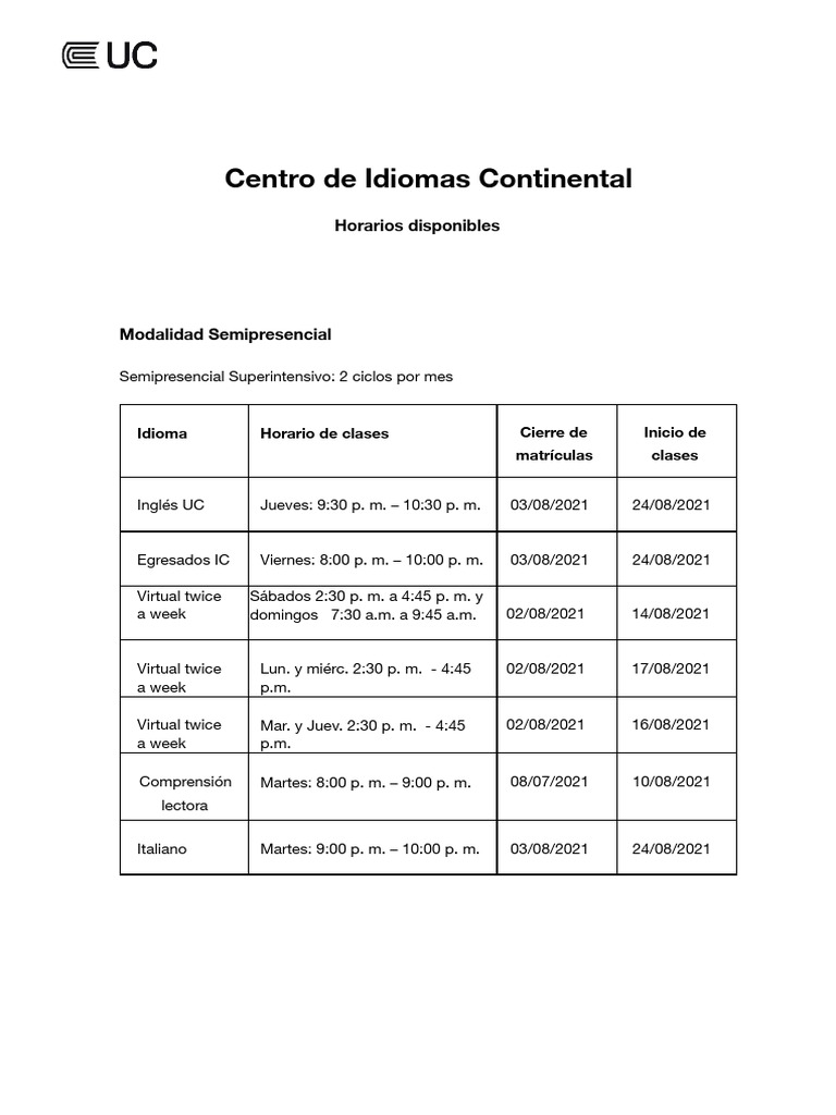 Horarios y Modalidades Centro de Idiomas | PDF | Estudios de idiomas ...
