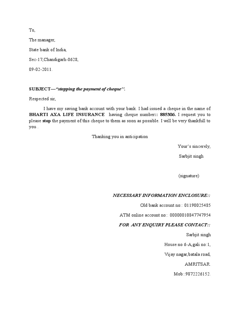 Cheque Payment Stop Request | PDF