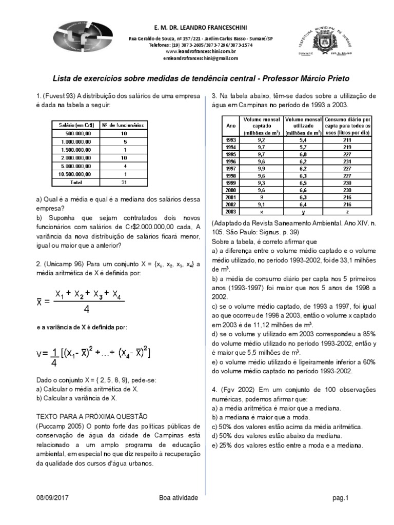 Exercícios sobre Medidas de Tendência Central | PDF | Mediana ...