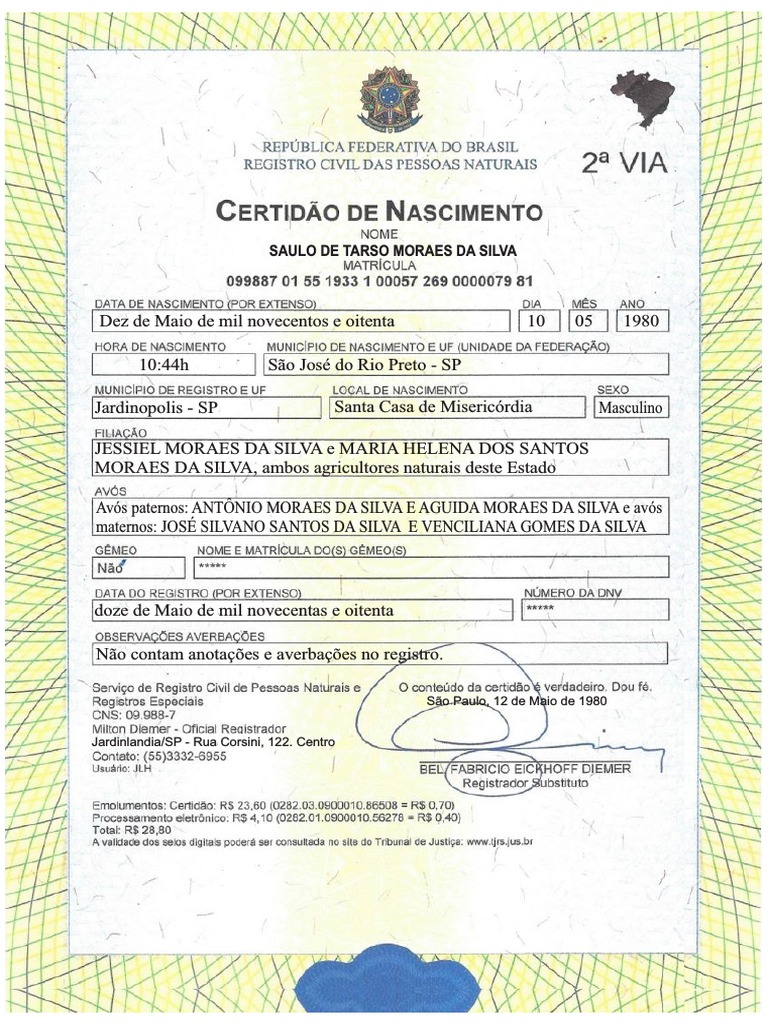 Certidão de Nascimento de Saulo Moraes | PDF, image size:768x1024