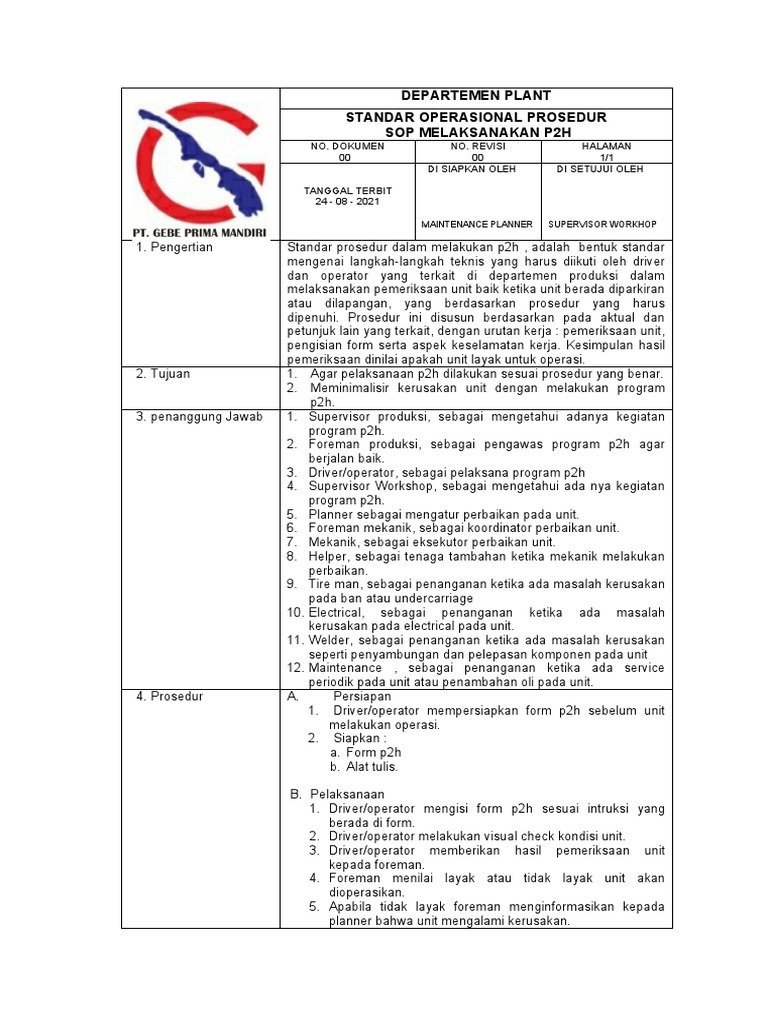 05 Sop P2H | PDF | Teknologi & Rekayasa