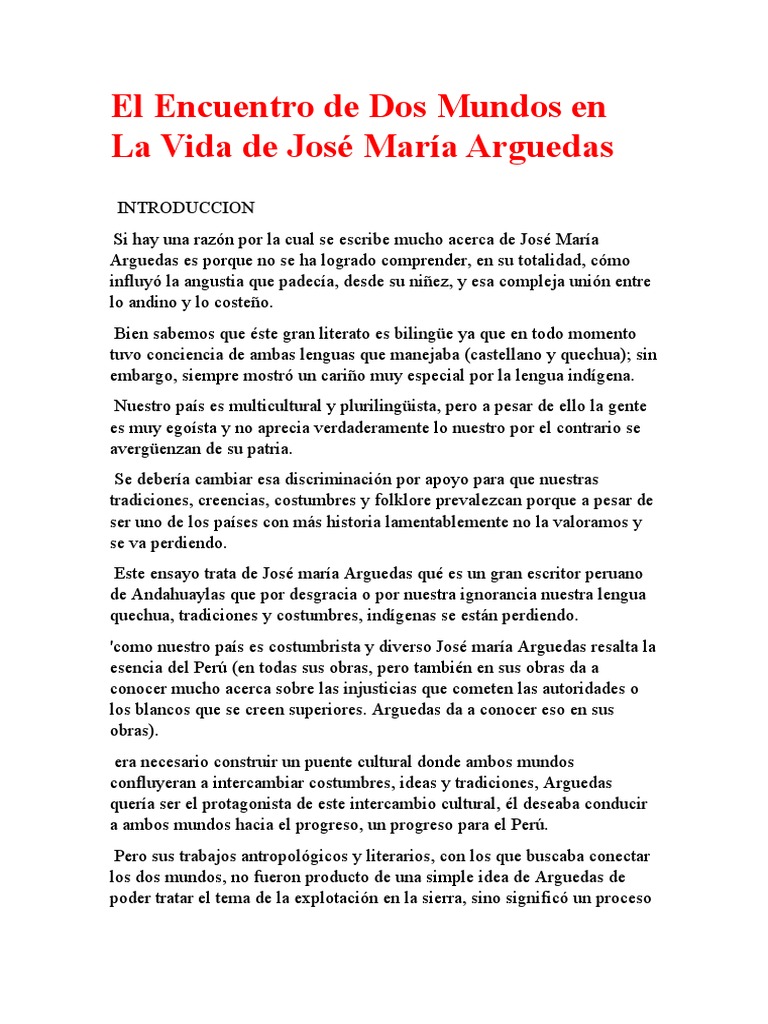 El Encuentro de Dos Mundos en La Vida de José María Arguedas PDF Perú