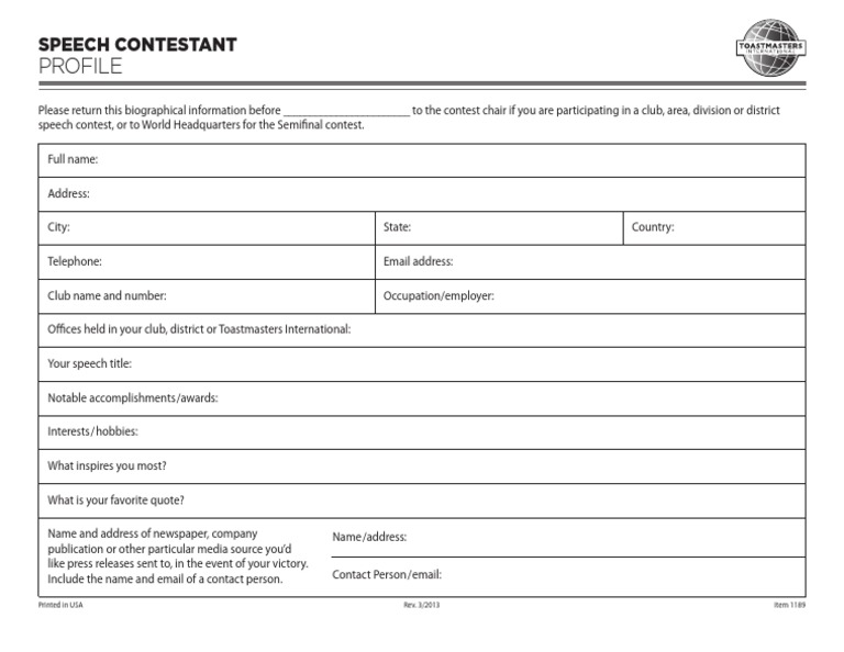 Toastmasters Contestant Profile Form | PDF