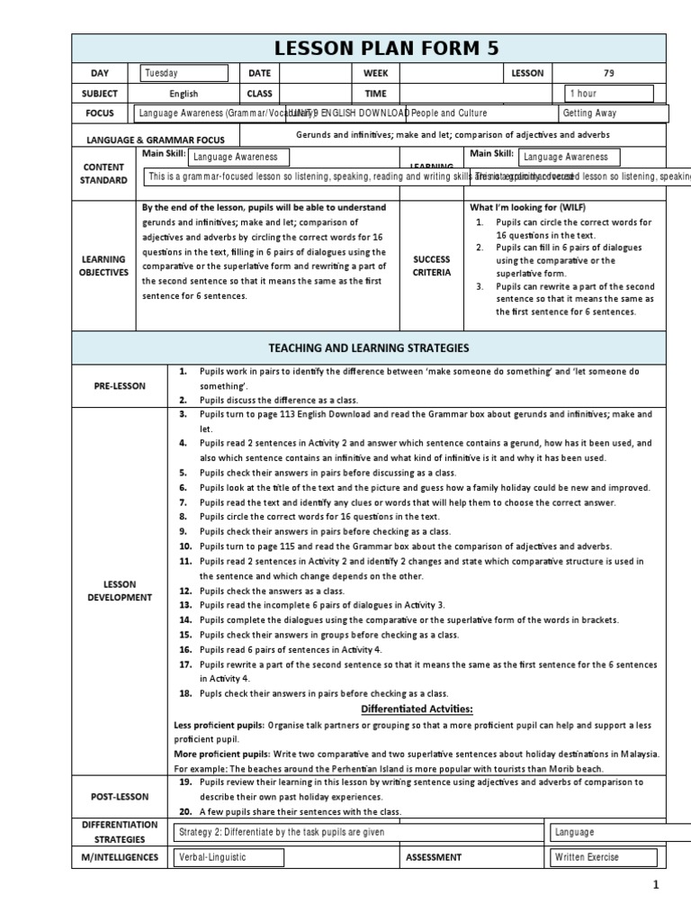 English Grammar Lesson Plan | PDF | English Language | Adverb