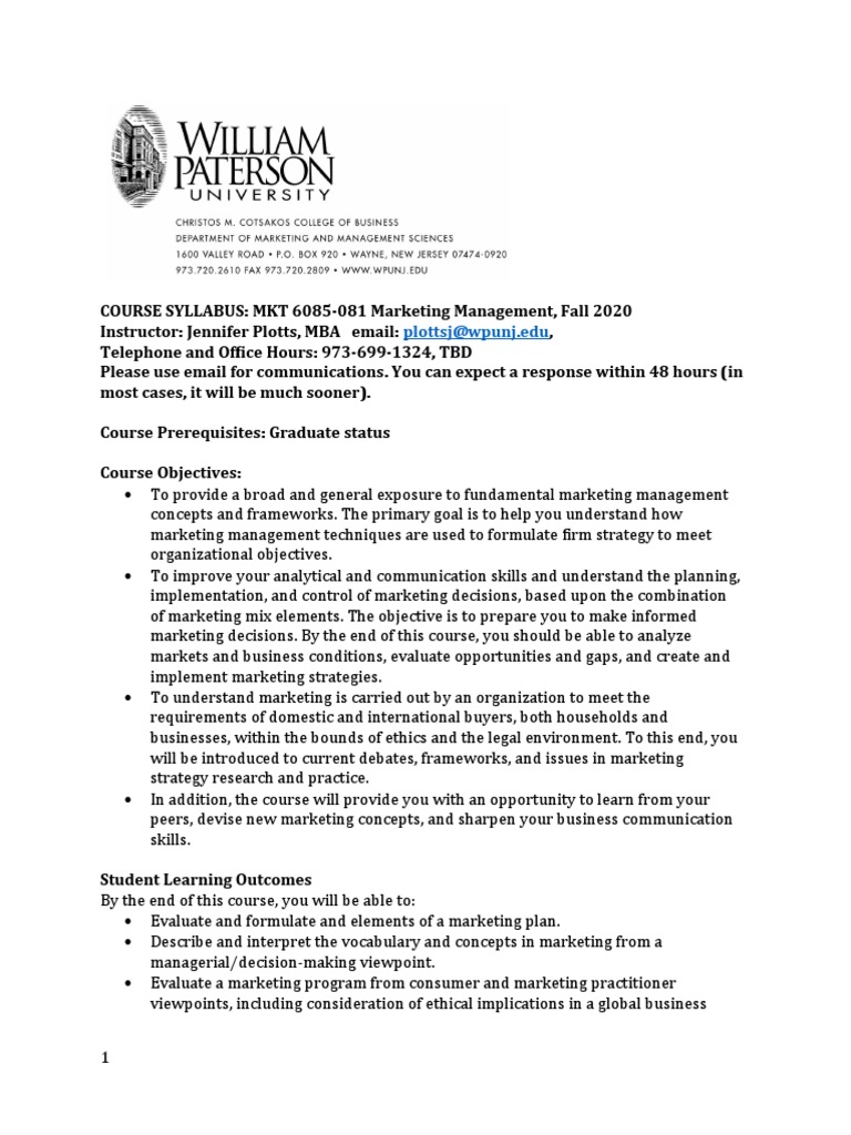 Marketing Management Syllabus - MKT 6085-081 | PDF | Marketing | Plagiarism