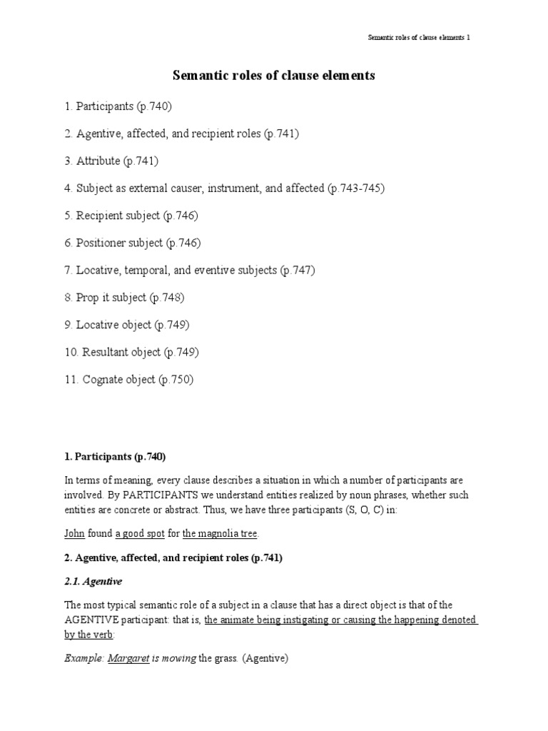Semantic Roles in Clause Elements | PDF | Subject (Grammar) | Object ...