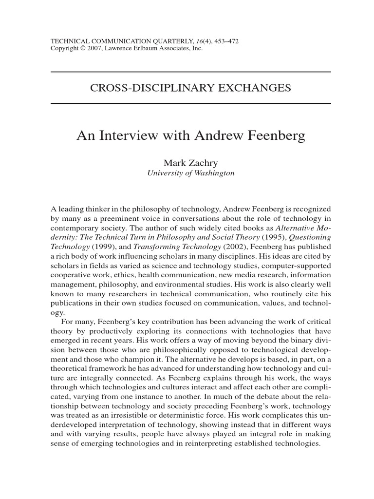 An Interview With Andrew Feenberg PDF Critical Theory Distance
