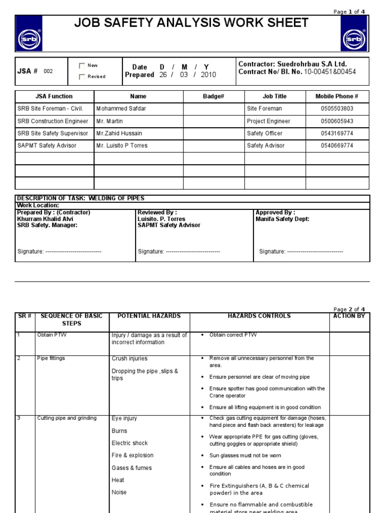 SRB Job Safety Analysis for Welding | PDF | Technology & Engineering