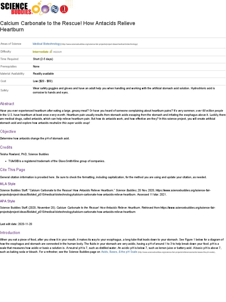 Calcium Carbonate To The Rescue! How Antacids Relieve Heartburn Science Project PDF