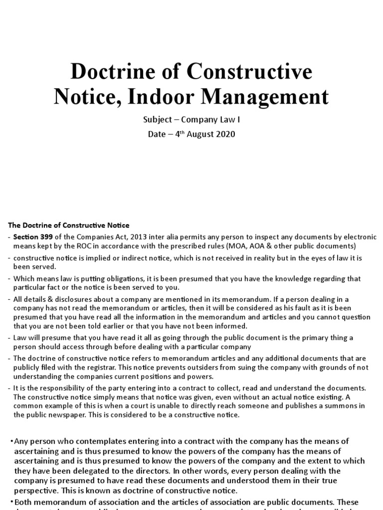 Doctrine of Constructive Notice, Indoor Management PDF Common Law