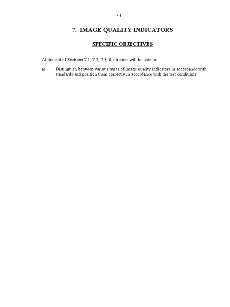 Image Quality Indicators Specific Objectives PDF Radiography