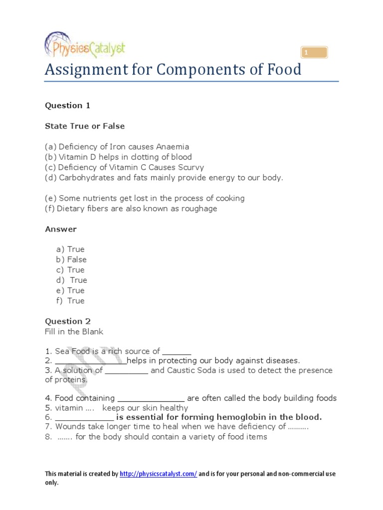 Assignment Class6 Components of Foods 1 | PDF | Foods | Vitamin