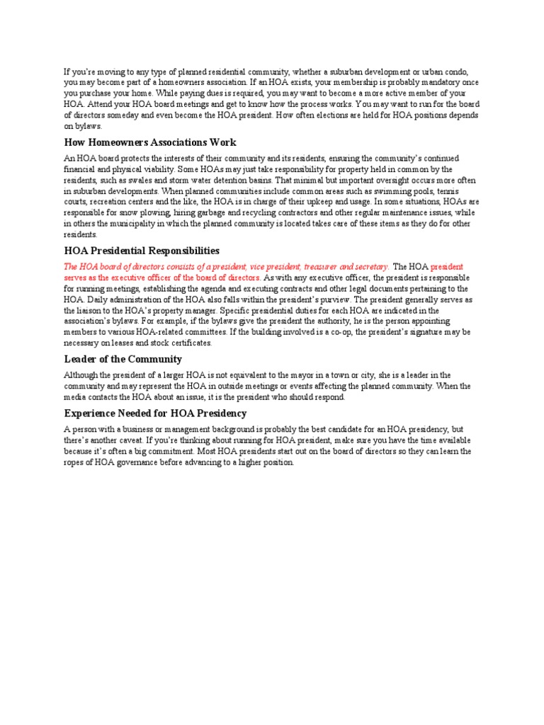 HOA Board of Director Duties and Responsibilities PDF Board Of