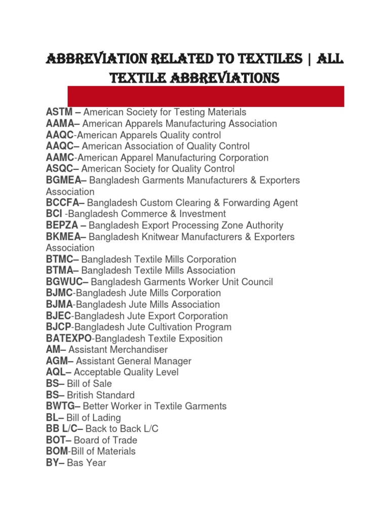 Abbreviation Related To Textiles PDF European Union Business