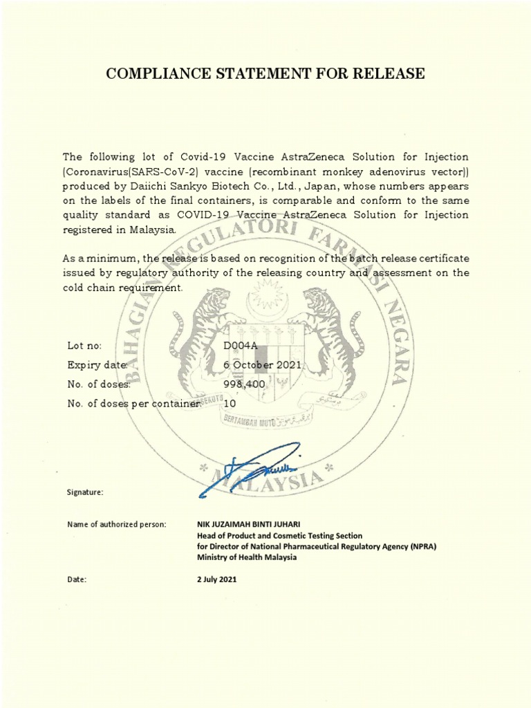 Covid19 Vaccine AstraZeneca Solution For Injection D004A PDF