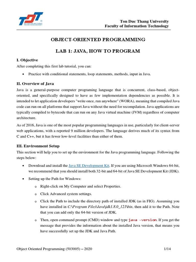 Object-Oriented Programming Lab 1: Java, How To Program: Ton Duc Thang ...