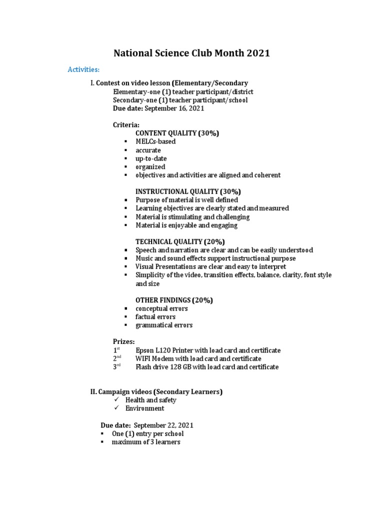 Science Club Month Contests 2021 | PDF | Learning | Behavior Modification