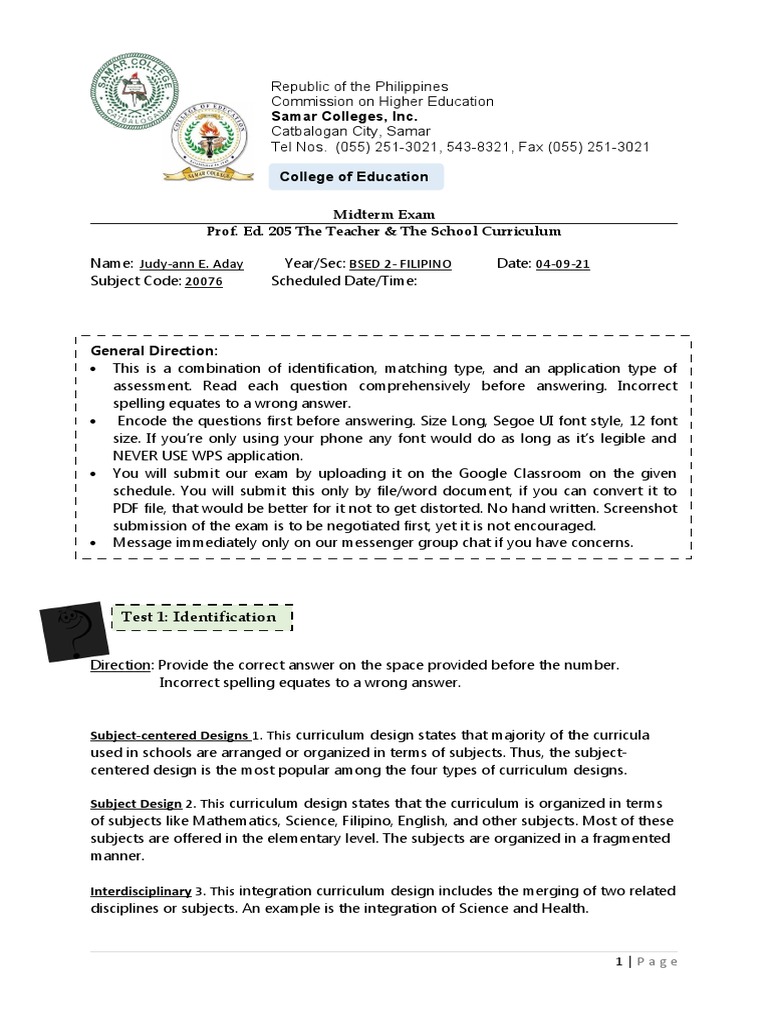 Template Midterm Exam Prof Ed 205 PDF Curriculum Design