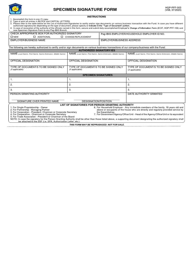 Specimen Signature Form: Instructions | PDF | Signature | Business