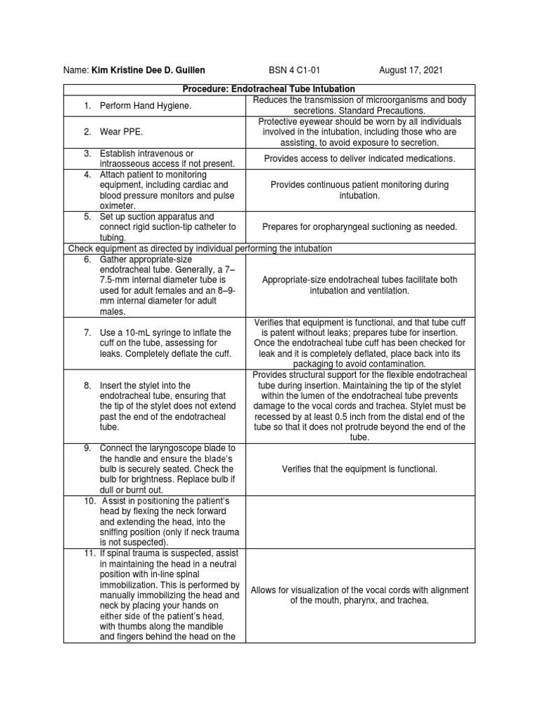 Endotracheal Tube Intubation Procedure Guide | PDF | Medicine ...