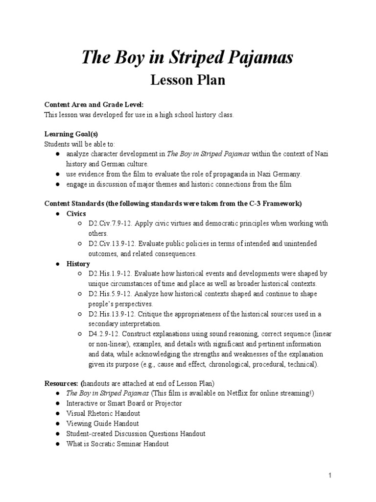 The Boy in Striped Pajamas PDF Question Rubric (Academic)
