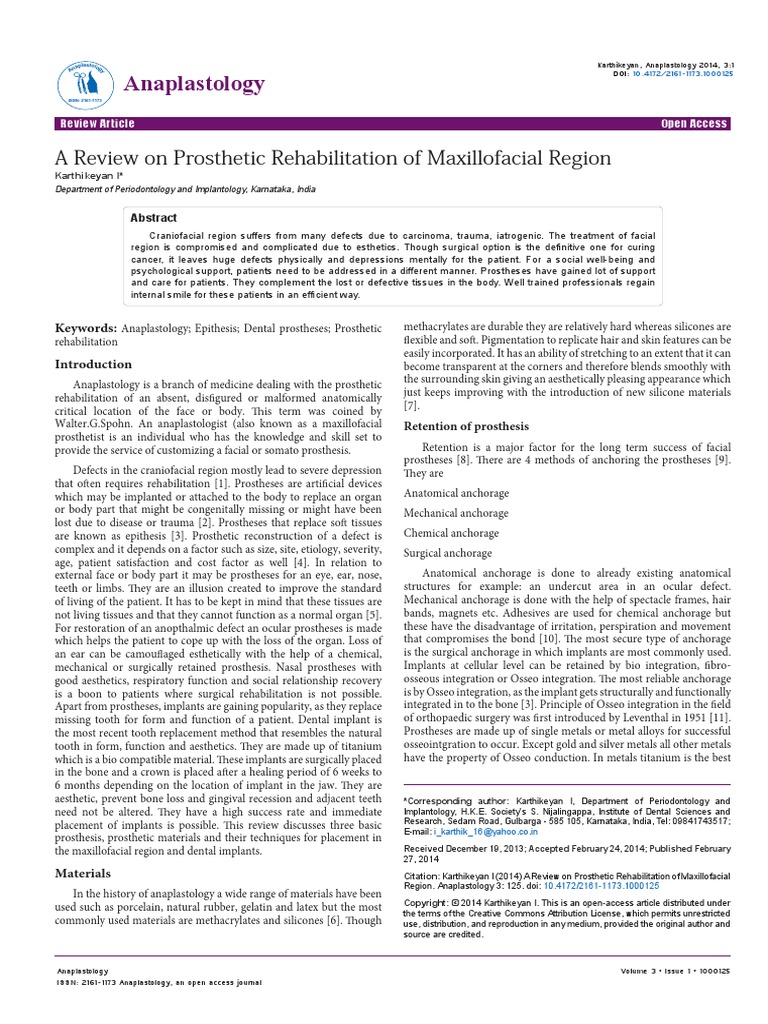 A Review On Prosthetic Rehabilitation of Maxillofacial Region 2014 ...