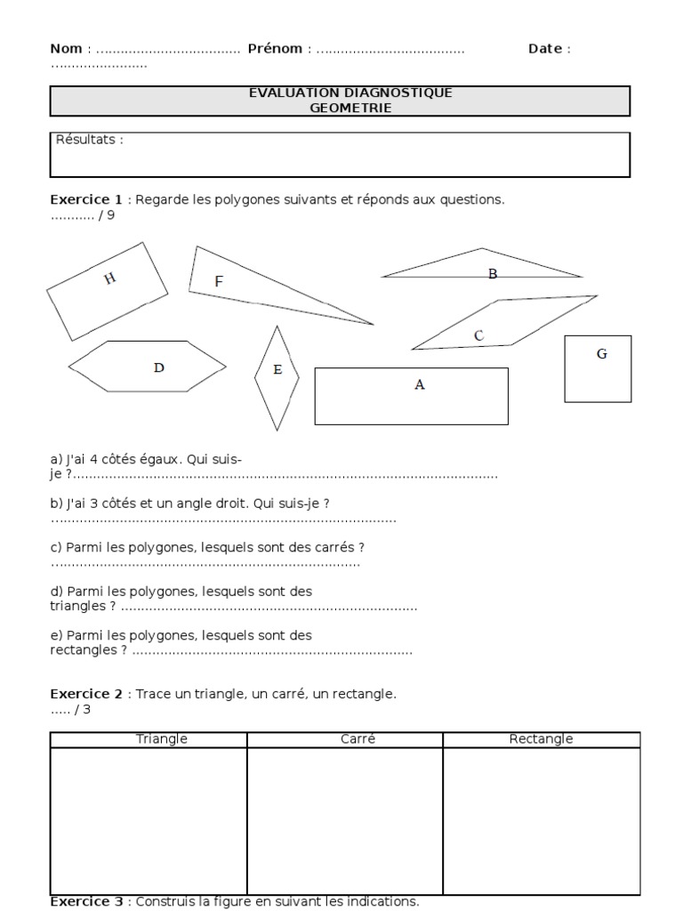 Exercice Géométrie Cm2 à Imprimer Evaluation Diagnostique Géométrie Septembre CM2 | PDF