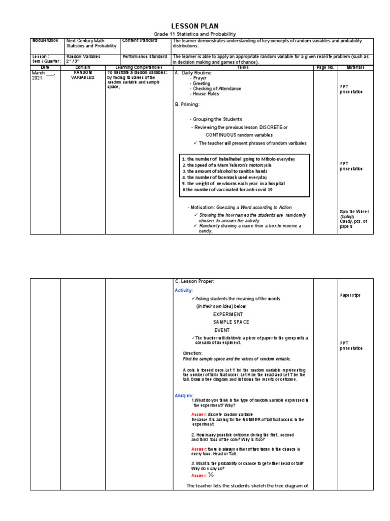 Lesson Plan: Grade 11 Statistics and Probability | PDF | Random ...