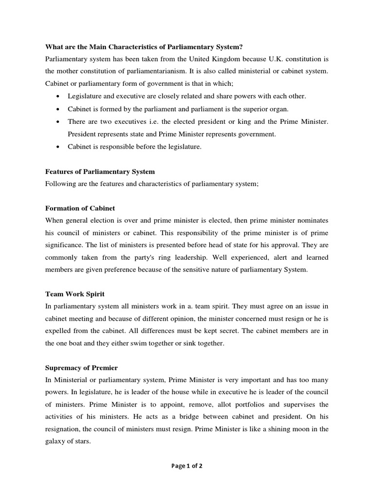 What Are The Main Characteristics of Parliamentary System? PDF