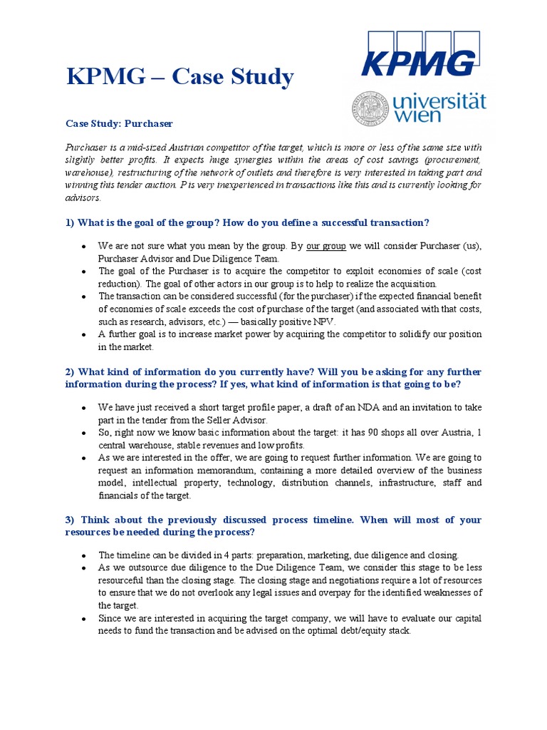 Kpmg Case Study Thursday Group 4 Pdf Mergers And Acquisitions