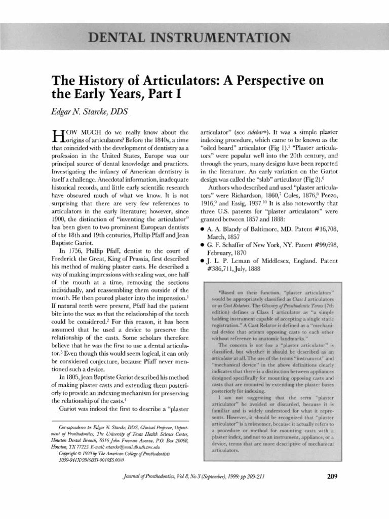 The History of Articulators A Perspective On The Early Years, Part 1