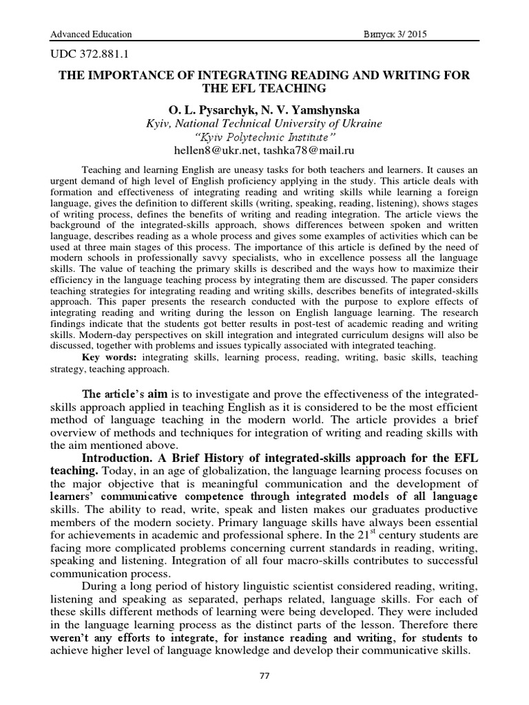 The Importance Of Integrating Reading And Writing For The Efl Teaching