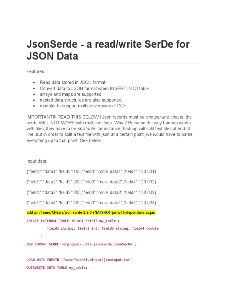 Jsonserde A Read/Write Serde For Json Data Add Jar /Home/Myjars/Json